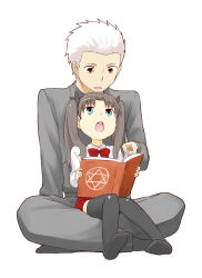 Rule 34 | 1boy, 1girl, aged down, archer (fate), black hair, black thighhighs, blue eyes, book, child, fate/stay night, fate/zero, fate (series), full body, hair ribbon, hexagram, long hair, looking down, looking up, nagian, ribbon, short hair, sitting, sitting on lap, sitting on person, thighhighs, time paradox, tohsaka rin, twintails, two side up, white hair