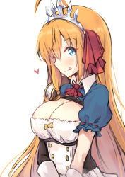 Rule 34 | 1girl, :q, ahoge, blonde hair, blue eyes, breasts, cleavage, commentary request, from side, hair between eyes, heart, large breasts, long hair, nakatokung, pecorine (princess connect!), princess connect!, short hair, simple background, solo, tiara, tongue, tongue out, underbust, upper body, white background