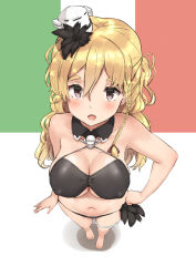 Rule 34 | 1girl, absurdres, alternate costume, bad id, bad pixiv id, bikini, black bikini, blonde hair, blush, braid, breasts, brown eyes, cleavage, collarbone, commentary request, covered erect nipples, feathers, french braid, full body, hair between eyes, hair ornament, hair over shoulder, hair ribbon, hand on own hip, hat, highres, italian flag, kantai collection, large breasts, long hair, looking at viewer, mini hat, navel, open mouth, osananajimi neko, ribbon, side braid, simple background, smile, solo, standing, string bikini, swimsuit, tilted headwear, tress ribbon, wavy hair, zara (kancolle)