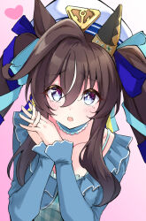 Rule 34 | 1girl, absurdres, animal ears, blue eyes, blue shirt, blush, breasts, brown hair, earrings, frilled shirt, frills, gradient background, hair between eyes, hair ribbon, hands up, hat, heart, highres, horse ears, interlocked fingers, jewelry, long hair, long sleeves, looking at viewer, mole, mole under eye, multicolored hair, open mouth, own hands together, raised eyebrows, ribbon, shirt, single earring, small breasts, solo, streaked hair, tiara (871220), twintails, umamusume, upper body, vivlos (umamusume), white hat