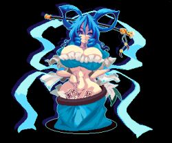 Rule 34 | 1girl, abs, black background, blue eyes, blue hair, blue skirt, breasts, chisel, cleavage, commentary request, curvy, drill hair, drill sidelocks, hair ornament, hair rings, hair stick, kaku seiga, large breasts, looking at viewer, mmmmatimmmmati, navel, ofuda, pixel art, shawl, sidelocks, simple background, skirt, solo, touhou
