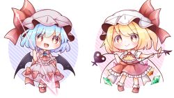 Rule 34 | 2girls, ascot, back bow, bat wings, black wings, blonde hair, blue brooch, blue hair, blush, bobby socks, bow, brooch, chibi, closed mouth, collared shirt, crystal, flandre scarlet, frilled ascot, frilled shirt collar, frilled skirt, frills, full body, hat, highres, holding, holding polearm, holding weapon, jewelry, kokochi, laevatein (touhou), large bow, looking at viewer, mary janes, medium hair, mob cap, multicolored wings, multiple girls, one side up, open mouth, pigeon-toed, pink headwear, pink shirt, pink skirt, polearm, red ascot, red eyes, red footwear, red skirt, red vest, remilia scarlet, shirt, shoes, short sleeves, siblings, simple background, sisters, skirt, skirt set, socks, spear the gungnir, teeth, touhou, upper teeth only, vest, weapon, white background, white bow, white headwear, white shirt, white socks, wings
