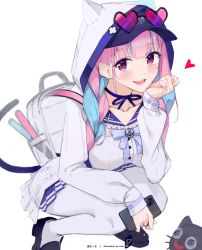 Rule 34 | 1girl, :d, animal hood, backpack, bag, baseball cap, blue bow, blue bowtie, blue hair, blue hat, blue sailor collar, blush, bow, bowtie, braid, breasts, cat tail, cellphone, eyewear on headwear, frilled sailor collar, frills, haru on, hat, heart, heart-shaped eyewear, highres, holding, hololive, hood, jacket, large breasts, long sleeves, looking at viewer, minato aqua, minato aqua (sailor), multicolored hair, neko (minato aqua), open clothes, open jacket, open mouth, pantyhose, phone, pink hair, pleated skirt, sailor collar, shirt, shoes, skirt, smartphone, smile, solo, squatting, sunglasses, tail, twin braids, twintails, two-tone hair, virtual youtuber, white jacket, white pantyhose, white shirt