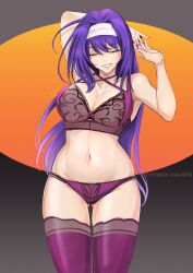Rule 34 | 1girl, arms up, bra, breasts, cleavage, closed eyes, commentary, cowboy shot, criss-cross halter, fire emblem, fire emblem: path of radiance, fire emblem: radiant dawn, gluteal fold, grin, groin, hair intakes, hairband, halterneck, highres, large breasts, long hair, mia (fire emblem), nail polish, navel, nintendo, panties, pink lips, pink nails, purple bra, purple hair, purple panties, purple thighhighs, smile, solo, standing, stomach, thighhighs, thighs, underwear, underwear only, very long hair, vialnite, white hairband