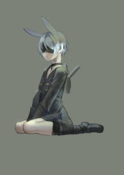 Rule 34 | 1boy, absurdres, androgynous, animal ears, arimi raan, blindfold, boots, rabbit ears, choker, gloves, grey background, hands on lap, highres, lips, male focus, nier (series), nier:automata, pale skin, rabbit boy, seiza, short hair, shorts, sitting, solo, sword, wariza, weapon, white hair, 9s (nier:automata)
