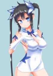 Rule 34 | 10s, 1girl, arm ribbon, bare shoulders, black hair, blue background, blue eyes, bow, breasts, cleavage, cleavage cutout, clothing cutout, covered navel, dress, dungeon ni deai wo motomeru no wa machigatteiru darou ka, elbow gloves, female focus, gloves, hair ornament, hair ribbon, hand on own chest, hand up, hestia (danmachi), highres, large breasts, long hair, looking at viewer, rei no himo, ribbon, short dress, sideboob, simple background, smile, solo, tem+, templus, twintails, white dress, white gloves