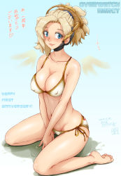 Rule 34 | 1girl, between legs, bikini, blonde hair, blue eyes, blush, cameltoe, character name, copyright name, covered erect nipples, full body, hair ornament, hand between legs, highres, looking at viewer, mercy (overwatch), meteo snow, overwatch, overwatch 1, pink lips, ponytail, side-tie bikini bottom, sitting, smile, solo, swimsuit, text focus, white bikini, wings