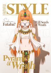 1girl absurdres ancient_egyptian_clothes armlet bracelet circlet english_text glasses highres holding holding_removed_eyewear jewelry long_hair looking_at_viewer midriff navel orange_hair parted_lips persona persona_5 rifyaa sakura_futaba shadow shadow_(persona) shadow_futaba shendyt solo standing straight-on unworn_eyewear uraeus usekh_collar yellow_eyes