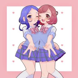 Rule 34 | 2girls, ;d, ayase naru, blue eyes, blue hair, blue skirt, blue sweater vest, border, bow, brown eyes, cheek-to-cheek, collared shirt, cowboy shot, gyaru v, heads together, heart, highres, looking at viewer, mea (meari mr), miniskirt, multiple girls, one eye closed, open mouth, pink border, pink bow, pink hair, plaid, plaid skirt, pleated skirt, pretty rhythm, pretty rhythm rainbow live, pretty series, rinne (pretty rhythm), school uniform, shirt, short hair, skirt, smile, standing, sweater vest, v, white shirt