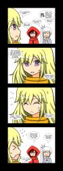 Rule 34 | 3girls, 4koma, black border, blake belladonna, border, comic, english text, fang, from side, grey eyes, highres, looking at viewer, lunarisaileron, multiple girls, profile, purple eyes, ruby rose, rwby, simple background, upper body, weiss schnee, white background, yang xiao long
