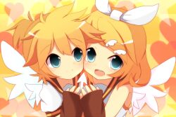 Rule 34 | 1boy, 1girl, blonde hair, blue eyes, bob cut, bow, brown sailor collar, cheek-to-cheek, commentary, cursor, detached sleeves, electric angel (vocaloid), feathered wings, hair bow, hair ornament, hairclip, happy, heads together, kagamine len, kagamine rin, meranoreuka (naokentak), cursor, open mouth, ponytail, puffy short sleeves, puffy sleeves, sailor collar, school uniform, short hair, short ponytail, short sleeves, sleeveless, smile, vocaloid, white wings, wing hair ornament, wings, yellow background