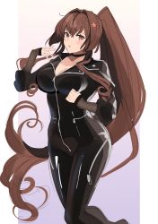 Rule 34 | 1girl, absurdres, biker clothes, bikesuit, blush, bodysuit, breasts, brown hair, choker, cleavage, collarbone, hair intakes, highres, kantai collection, large breasts, long hair, long sleeves, looking at viewer, parted lips, pink hair, ponytail, sketch, solo, unfinished, very long hair, yamato (kancolle), yunamaro