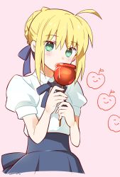 Rule 34 | 1girl, ?, ahoge, apple print, artoria pendragon (all), artoria pendragon (fate), blonde hair, blue ribbon, blush, braid, candy apple, commentary request, cropped torso, dress, fate/stay night, fate (series), food, green eyes, hair ribbon, hands up, holding, looking at viewer, neck ribbon, pink background, puffy short sleeves, puffy sleeves, ribbon, saber (fate), shirt, shirt tucked in, short sleeves, simple background, skirt, solo, spoken question mark, tsuchiya madose, white shirt