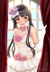 Rule 34 | 1girl, asari (tepo), bare shoulders, blue hair, blurry, breasts, bridal gauntlets, bride, brown eyes, curtains, depth of field, dress, elbow gloves, flower, gloves, hair flower, hair ornament, highres, idolmaster, idolmaster million live!, jewelry, kitakami reika, long hair, looking at viewer, low twintails, medium breasts, necklace, pearl necklace, twintails, wedding dress, white dress, window