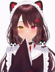 Rule 34 | 1girl, :3, animal ears, black kimono, brown hair, cat ears, closed mouth, commentary, flower, hair flower, hair ornament, heterochromia, highres, inui toko, japanese clothes, kimono, long hair, long sleeves, looking at viewer, maid, maid headdress, nijisanji, non porn, red eyes, red flower, simple background, sleeves past fingers, sleeves past wrists, solo, upper body, virtual youtuber, wa maid, wanko (yurika0320), white background, yellow eyes