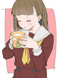 Rule 34 | &gt; &lt;, 1girl, blunt bangs, blush, border, braid, brown dress, brown hair, cat&#039;s tongue, center-flap bangs, commentary, cup, dress, hasu no sora school uniform, highres, holding, holding cup, kachimachi kosuzu, link! like! love live!, liz (piyoko piyop), long hair, long sleeves, love live!, milk, neckerchief, outside border, pink background, pleated dress, sailor collar, sailor dress, school uniform, side braids, simple background, solo, steam, straight hair, tongue, tongue out, translated, upper body, v-shaped eyebrows, virtual youtuber, white border, white sailor collar, winter uniform, yellow neckerchief