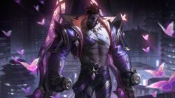 Rule 34 | 1boy, abs, absurdres, artist request, beard, bug, butterfly, cityscape, closed eyes, dreadlocks, dual wielding, facial hair, facial mark, facing to the side, feet out of frame, highres, holding, insect, k&#039;sante (league of legends), large hands, large pectorals, league of legends, lil nas x, male focus, mature male, muscular, muscular male, mustache, navel, official alternate costume, official art, pants, pectorals, prestige empyrean k&#039;sante, purple butterfly, short hair, shrug (clothing), solo, standing, stomach, strongman waist