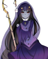Rule 34 | 1girl, artist request, black sclera, brooch, buttons, collar, colored sclera, crying, crying with eyes open, green brooch, hair ornament, highres, holding, holding own hair, jewelry, long hair, long sleeves, looking to the side, misery (ruby gloom), purple hair, purple veil, red eyes, ruby gloom, sad, skull, solo, tagme, tears, veil