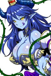Rule 34 | 1girl, :q, armor, asmodeus (shinrabanshou), black sclera, blue hair, blue sclera, blue skin, breast lift, breasts, clearite, cleavage, colored sclera, colored skin, demon girl, demon horns, fingerless gloves, gloves, hand on own hip, hat, horns, huge breasts, licking lips, long hair, looking at viewer, naughty face, plant, pointy ears, shinrabanshou, simple background, slit pupils, solo, tongue, tongue out, vines, white background, yellow eyes