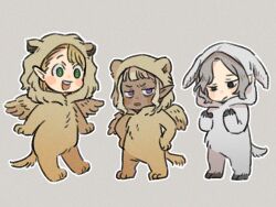 Rule 34 | 1girl, 2boys, :d, amedama094, animal costume, asymmetrical bangs, blonde hair, blush, chibi, cosplay, dungeon meshi, elf, feathered wings, full body, furrowed brow, goat (dungeon meshi), goat (dungeon meshi) (cosplay), goat costume, green eyes, grey background, grey hair, hands on own hips, lion costume, marcille donato, mithrun, multiple boys, notched ear, open mouth, outline, pale skin, pointy ears, purple eyes, simple background, smile, spoilers, standing, thistle (dungeon meshi), uneven eyes, white outline, winged lion (dungeon meshi), winged lion (dungeon meshi) (cosplay), wings