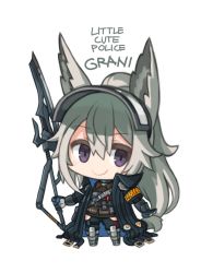 Rule 34 | 1girl, animal ears, arknights, armband, armor, blue jacket, blue pants, brown shirt, chibi, closed mouth, commentary, female focus, grani (arknights), greaves, grey hair, hair between eyes, hip vent, holding, holding polearm, holding spear, holding weapon, horse ears, horse girl, horse tail, jacket, long hair, open clothes, open jacket, pants, polearm, police, police uniform, ponytail, purple eyes, ran system, shirt, smile, solo, spear, tail, uniform, visor, visor lift, weapon, wide-eyed