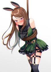 Rule 34 | 1girl, animal ears, arms behind back, ascot, asymmetrical bangs, asymmetrical legwear, belt, blush, bound, breasts, brown hair, dress, feet out of frame, full-face blush, green dress, idolmaster, idolmaster (classic), idolmaster million live!, idolmaster million live! theater days, jitome, long hair, looking at viewer, medium breasts, minase iori, o-ring, rabbit ears, rabbit girl, restrained, rope, short dress, simple background, skirt, solo, sweatdrop, torn clothes, torn legwear, torn skirt, usameruti, wavy mouth, white background