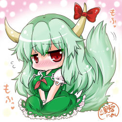 Rule 34 | 1girl, bad id, bad pixiv id, between breasts, blush, breasts, chibi, ex-keine, full-face blush, green hair, horn ornament, horn ribbon, horns, impossible clothes, kamishirasawa keine, large breasts, long hair, looking at viewer, noai nioshi, red eyes, ribbon, sitting, solo, tail, touhou, translation request
