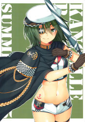 Rule 34 | 1girl, absurdres, adapted costume, anchor symbol, anchor tattoo, blush, breasts, brown gloves, cape, cleavage, closed mouth, eyepatch, gloves, green background, green eyes, green hair, hat, highres, holding, horosuke, kantai collection, kiso (kancolle), kiso kai ni (kancolle), looking at viewer, medium breasts, midriff, navel, race queen, shiny skin, short hair, shorts, simple background, smile, solo, tattoo, thighhighs, umbrella, zipper, zipper pull tab
