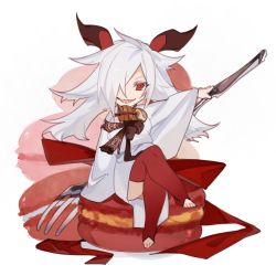Rule 34 | arm at side, ass, character request, chibi, code009, convenient leg, crossed legs, flipped hair, food, food request, fork, full body, grin, hair over one eye, holding, holding fork, horns, in food, japanese clothes, kimono, leggings, looking at viewer, macaron, no shoes, one eye covered, oversized object, red eyes, red leggings, shanhai jing hua, sharp teeth, simple background, sitting, smile, solo, teeth, white background, white kimono, wide sleeves