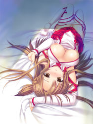 Rule 34 | 10s, 1girl, asuna (sao), azuma yuki, bad id, bad pixiv id, bed sheet, blush, braid, breasts, breasts out, brown eyes, brown hair, cleavage, large breasts, long hair, looking at viewer, lying, nipples, no bra, on back, open mouth, panties, panty pull, pleated skirt, sheet grab, skirt, solo, sword art online, thighhighs, underwear, white panties, white thighhighs