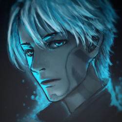 Rule 34 | 1boy, aqua theme, blue theme, blurry, closed mouth, facepaint, facial mark, glowing, hair between eyes, highres, light particles, looking at viewer, male focus, portrait, ready player one, short hair, simple background, solo, wade owen watts, welllllll