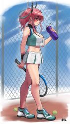 Rule 34 | 1girl, absurdres, artist name, azur lane, ball, bare shoulders, barefoot, blue sky, bottle, breasts, bremerton (azur lane), bremerton (scorching-hot training) (azur lane), c-da, chain-link fence, cleavage, closed mouth, cloud, cloudy sky, commentary request, crop top, crop top overhang, fence, from side, full body, hair between eyes, hair ornament, highres, holding, holding racket, light smile, looking away, mole, mole under eye, multicolored hair, official alternate costume, outdoors, racket, shirt, signature, sky, sleeveless, sleeveless shirt, sportswear, standing, streaked hair, tennis ball, tennis racket, tennis uniform, twintails, two-tone shirt, two-tone skirt, water bottle, x hair ornament