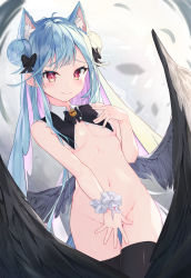 Rule 34 | 1girl, angel wings, animal ears, antenna hair, bare arms, bare shoulders, bell, black thighhighs, blue hair, bow, bowtie, breasts, cat ears, covering privates, covering crotch, cowboy shot, detached collar, double bun, extra ears, feathered wings, groin, hair bow, hair bun, hand up, highres, jingle bell, long hair, looking at viewer, mishuo (misuo69421), multicolored hair, navel, nude, original, pink hair, red eyes, sidelocks, small breasts, smile, solo, standing, stomach, thigh gap, thighhighs, two-tone hair, very long hair, wing collar, wings