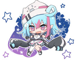 Rule 34 | :d, beanie, black footwear, black gloves, blue hair, blush, boots, chibi, copyright request, fang, full body, gloves, hair between eyes, hat, highres, koga rejini, leotard, long sleeves, multicolored hair, open mouth, pink hair, puffy long sleeves, puffy sleeves, red eyes, single thighhigh, smile, solo, star (symbol), starry background, thighhighs, two-tone hair, virtual youtuber, white background, white hat, white leotard, white thighhighs