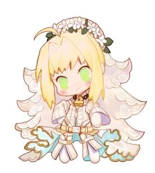 Rule 34 | 1girl, ahoge, belt, chibi, closed mouth, daisy, dress, fate/extra, fate/extra ccc, fate (series), flower, full body, green eyes, hair flower, hair intakes, hair ornament, head tilt, head wreath, leotard, lock, long sleeves, looking at viewer, nero claudius (bride) (fate), nero claudius (bride) (second ascension) (fate), nero claudius (fate), nero claudius (fate) (all), padlock, pantyhose, rosette (yankaixuan), smile, solo, standing, white flower