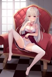 Rule 34 | 1girl, armchair, bare arms, bare shoulders, bow, bow bra, bow panties, bra, braid, breasts, chair, checkered floor, cleavage, closed mouth, clothes lift, day, dress, dress lift, frilled bra, frilled dress, frills, hair bow, hand to own mouth, hand up, highres, indoors, karin (fineyanny), lifted by self, long hair, medium breasts, no shoes, on chair, original, panties, red bow, red dress, red eyes, silver hair, solo, sunlight, thighhighs, underwear, very long hair, white bra, white panties, white thighhighs, window
