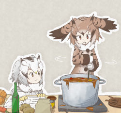 Rule 34 | 10s, 2girls, blonde hair, book, bottle, brown coat, brown eyes, brown hair, can, carrot, coat, cooking, curry, drooling, eurasian eagle owl (kemono friends), food, fur collar, gloves, grey coat, grey hair, head wings, highres, holding, kemono friends, long sleeves, multicolored hair, multiple girls, northern white-faced owl (kemono friends), open book, plate, pot, potato, smile, spoon, uepon (shimo ponzu), white gloves, white hair, wings, yellow eyes, yellow gloves
