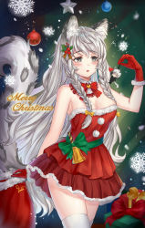 Rule 34 | 1girl, :o, alternate costume, animal ears, arknights, bare arms, bare shoulders, bell, blush, bow, bowtie, box, breasts, chinese commentary, christmas ornaments, cleavage, commentary request, detached collar, fur-trimmed gloves, fur-trimmed skirt, fur trim, gift, gift box, gloves, green sash, grey eyes, hair ornament, hand up, highres, holding, holly hair ornament, humiaojun, charm (object), leopard ears, leopard tail, long hair, medium breasts, merry christmas, miniskirt, parted lips, pleated skirt, pom pom (clothes), pramanix (arknights), red bow, red bowtie, red gloves, red skirt, sash, silver hair, silverash (arknights), skirt, snowflakes, solo, strapless, tail, thighhighs, thighs, tube top, very long hair, white thighhighs, zettai ryouiki