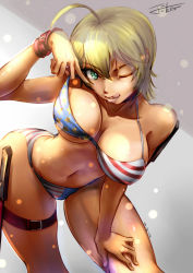 Rule 34 | 10s, 1girl, absurdres, ahoge, american flag bikini, areola slip, bikini, blonde hair, breasts, cleavage, contrapposto, female focus, flag print, green eyes, hand on thigh, highres, jo-ker (578569602), knife, large breasts, leaning forward, leg belt, licking lips, lips, looking at viewer, mito ikumi, navel, one eye closed, shokugeki no souma, short hair, solo, stomach, strap pull, swimsuit, thigh strap, tongue, tongue out, underboob, wink, wristband