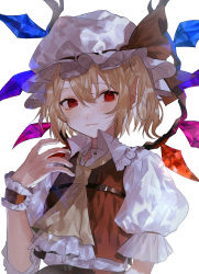 Rule 34 | 1girl, ascot, blonde hair, blush, closed mouth, crystal, expressionless, fingernails, flandre scarlet, flat chest, frilled shirt collar, frills, hair between eyes, hand up, hat, hat ribbon, highres, iwai ku tsuki, looking away, looking to the side, mob cap, one side up, pointy ears, puffy short sleeves, puffy sleeves, red eyes, red ribbon, red skirt, red vest, ribbon, short hair, short sleeves, simple background, skirt, solo, touhou, upper body, vest, white background, white hat, wings, wrist cuffs, yellow ascot