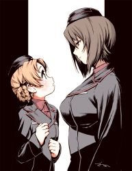 Rule 34 | 10s, 2girls, alternate costume, artist name, black hat, black jacket, blue eyes, blush, bow, braid, brown eyes, brown hair, clenched hands, commentary, dress shirt, from behind, garrison cap, girls und panzer, hair bow, hat, jacket, kuromorimine military uniform, long sleeves, looking at another, military, military hat, military uniform, multiple girls, nishizumi maho, oono tsutomu, open mouth, orange hair, orange pekoe (girls und panzer), red shirt, shirt, short hair, signature, standing, twin braids, uniform, wing collar