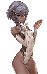 Rule 34 | 1girl, absurdres, breasts, covered navel, cowboy shot, dark skin, dark-skinned female, eating, elbow gloves, finger to mouth, food, food on face, gloves, gluteal fold, hair between eyes, hair ornament, highres, hot dog, leotard, maruchi, original, short hair, grey eyes, silver hair, simple background, skin tight, small breasts, solo, white background, white gloves
