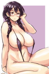 Rule 34 | 1girl, adjusting hair, areola slip, arm support, arm up, braid, breasts, collarbone, glasses, highres, large breasts, long hair, looking at viewer, navel, one-piece swimsuit, original, outside border, parted lips, purple background, purple hair, purple one-piece swimsuit, red-framed eyewear, red eyes, sitting, sketch, slingshot swimsuit, solo, swimsuit, takamura wamu, twin braids, two-tone background, white background