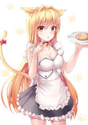 Rule 34 | 1girl, alternate costume, animal ears, apron, bad id, bad pixiv id, bare arms, bare shoulders, bell, black skirt, blonde hair, breasts, cat ears, cat girl, cat tail, choker, cleavage, collarbone, cowboy shot, doroshi, enmaided, food, hair intakes, highres, holding, jingle bell, kemonomimi mode, konjiki no yami, long hair, looking at viewer, maid, maid apron, medium breasts, miniskirt, parted lips, paw print, paw print background, plate, red eyes, skirt, solo, standing, tail, taiyaki, to love-ru, to love-ru darkness, very long hair, wagashi, whiskers