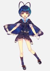 Rule 34 | 1boy, :d, antenna hair, aoba makoto, argyle, argyle clothes, argyle legwear, belt, black footwear, black shorts, blue hair, blue socks, bolo tie, butterfly costume, cape, collared shirt, commentary request, ech, full body, gloves, grey background, highres, iriam, looking at viewer, male focus, open mouth, orange eyes, red neckwear, shirt, shoes, short sleeves, shorts, simple background, smile, socks, solo, virtual youtuber, white gloves