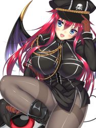 Rule 34 | 1girl, black hat, black pantyhose, blue eyes, blush, boots, breasts, brown gloves, cleavage, demon wings, female focus, gloves, hat, hat tip, impossible clothes, impossible shirt, inma kourin devil carnival, large breasts, leg lift, long hair, looking at viewer, military, military uniform, miniskirt, open mouth, panties, panties under pantyhose, pantyhose, red hair, seta (monyun), shirt, side slit, simple background, sitting, skirt, skull, smile, solo, thighs, underwear, uniform, white background, wings