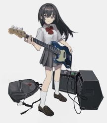 Rule 34 | 1girl, amplifier, backpack, bag, bass guitar, black bag, black hair, black skirt, bow, bowtie, brown footwear, cable, closed mouth, collared shirt, full body, grey background, grey eyes, hair between eyes, highres, holding, holding instrument, instrument, loafers, long hair, looking at viewer, neck ribbon, original, pedal (instrument), pleated skirt, red bow, red bowtie, ribbon, school uniform, shirt, shirt tucked in, shoes, short sleeves, simple background, skirt, socks, solo, standing, unworn backpack, unworn bag, white shirt, white socks, zumochi