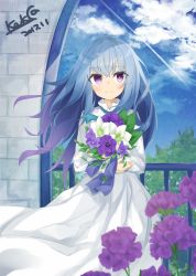 Rule 34 | 1girl, artist name, blush, bouquet, closed mouth, dated, day, flower, grey hair, holding, holding bouquet, kavka, long sleeves, looking at viewer, multicolored hair, original, outdoors, purple eyes, purple hair, signature, sky, smile, solo