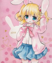 Rule 34 | 10s, 1girl, ahoge, alice cartelet, animal ears, bad id, bad pixiv id, blonde hair, blue eyes, blush, bow, bubble, character name, colored pencil (medium), english text, hair ornament, hand on own chest, heart, kin-iro mosaic, moyo, open mouth, painting (medium), pink background, rabbit ears, rabbit tail, school uniform, solo, tail, thighhighs, traditional media, twintails, watercolor (medium), watercolor pencil (medium), zettai ryouiki