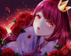 Rule 34 | 1girl, amarisuu, artist name, black choker, blush, character request, choker, commentary request, copyright request, crown, eyelashes, fangs, flower, glowing, glowing eyes, head tilt, highres, long hair, mini crown, open mouth, petals, red background, red eyes, red flower, red hair, red rose, red theme, rose, slit pupils, vampire